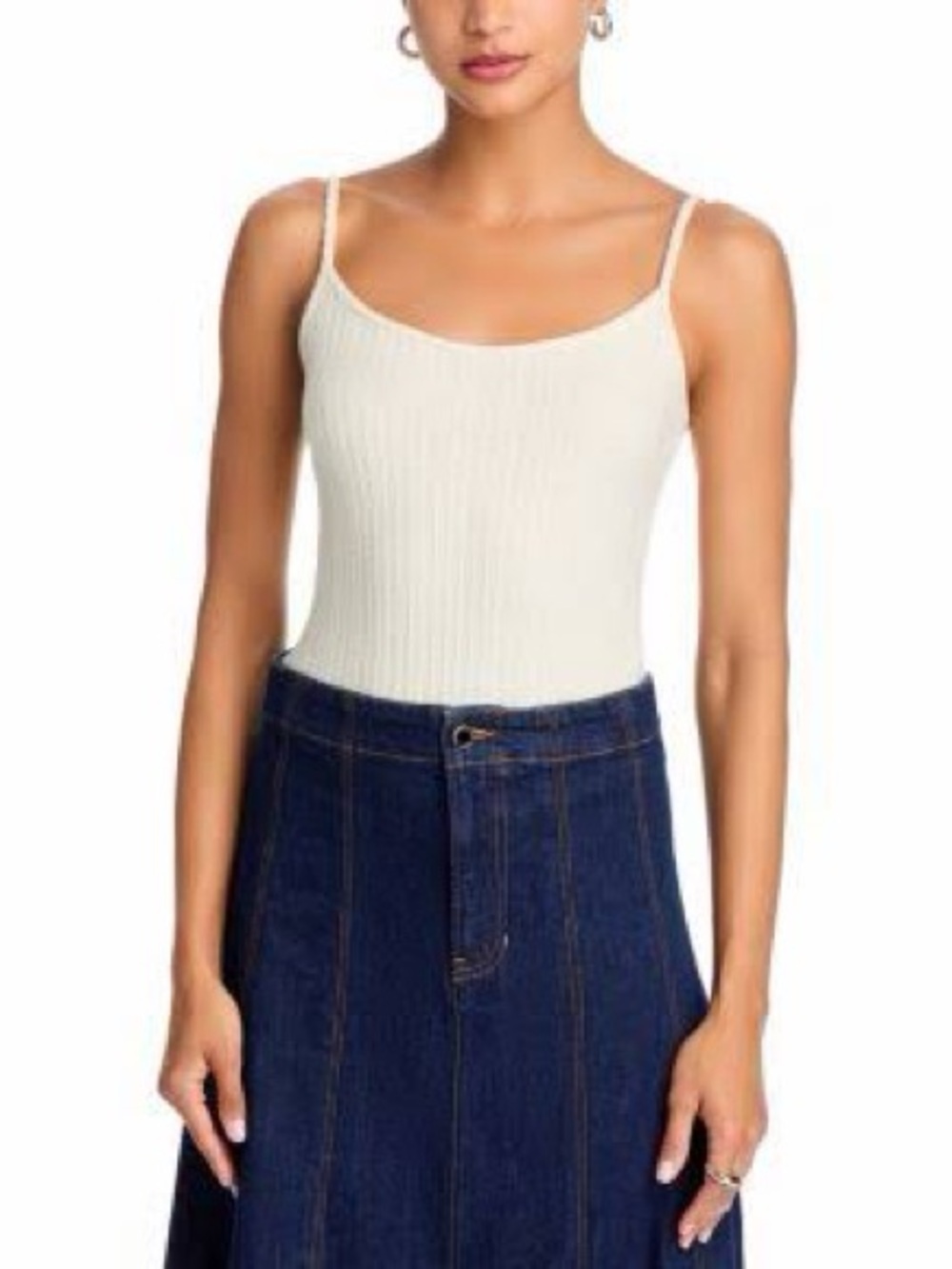 Veronica Beard Brodier Slim Ribbed Cream Camisole Tank with Scoop Neck